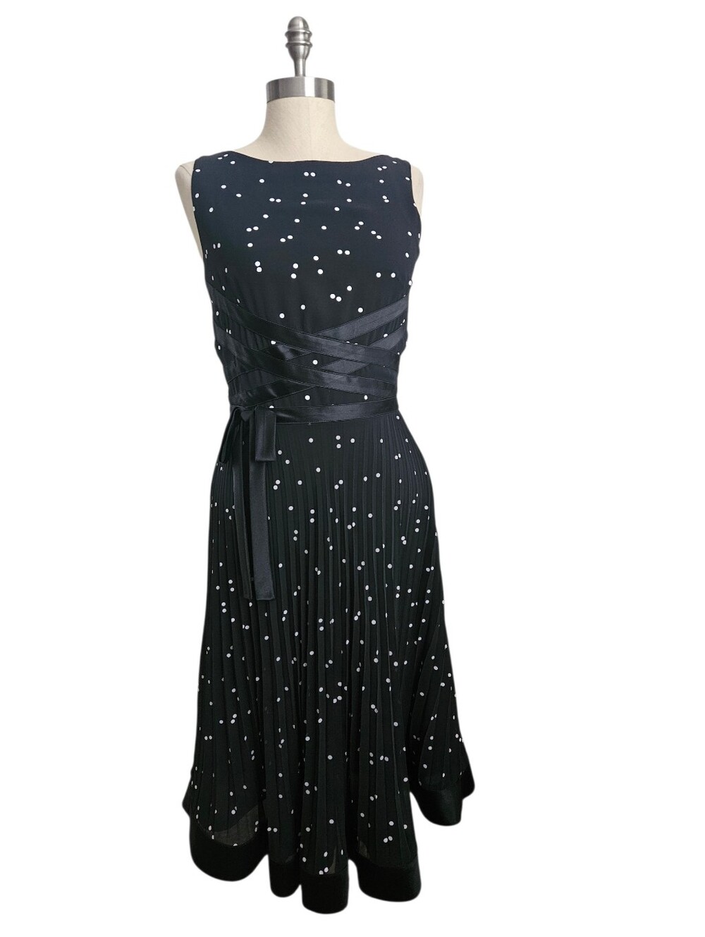 KAY UNGER New York 100% Silk Pleated Polka Dot Cocktail Dress | SZ 6